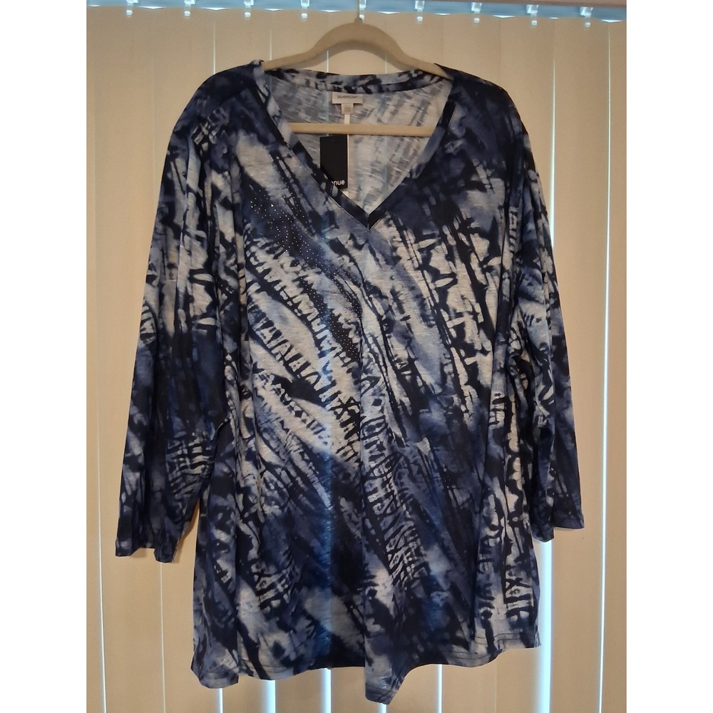 Avenue Plus 30/32 Blue Tie-Dye Rhinestones V-Neck 3/4 Sleeve Tunic  Boho Y2K